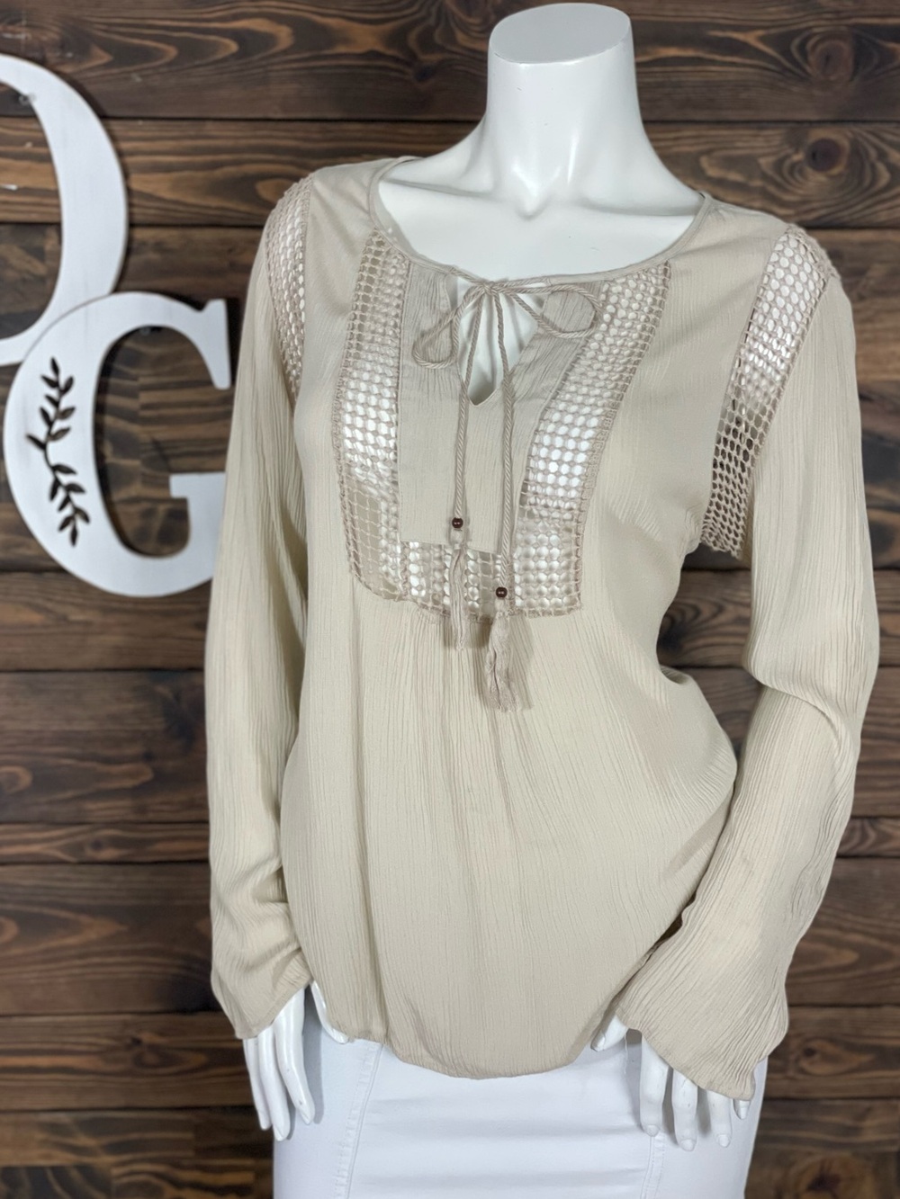 Joseph A | Crinkle Cut Ladder Lace Crochet Tie-Neck Tassel Peasant Blouse Khaki